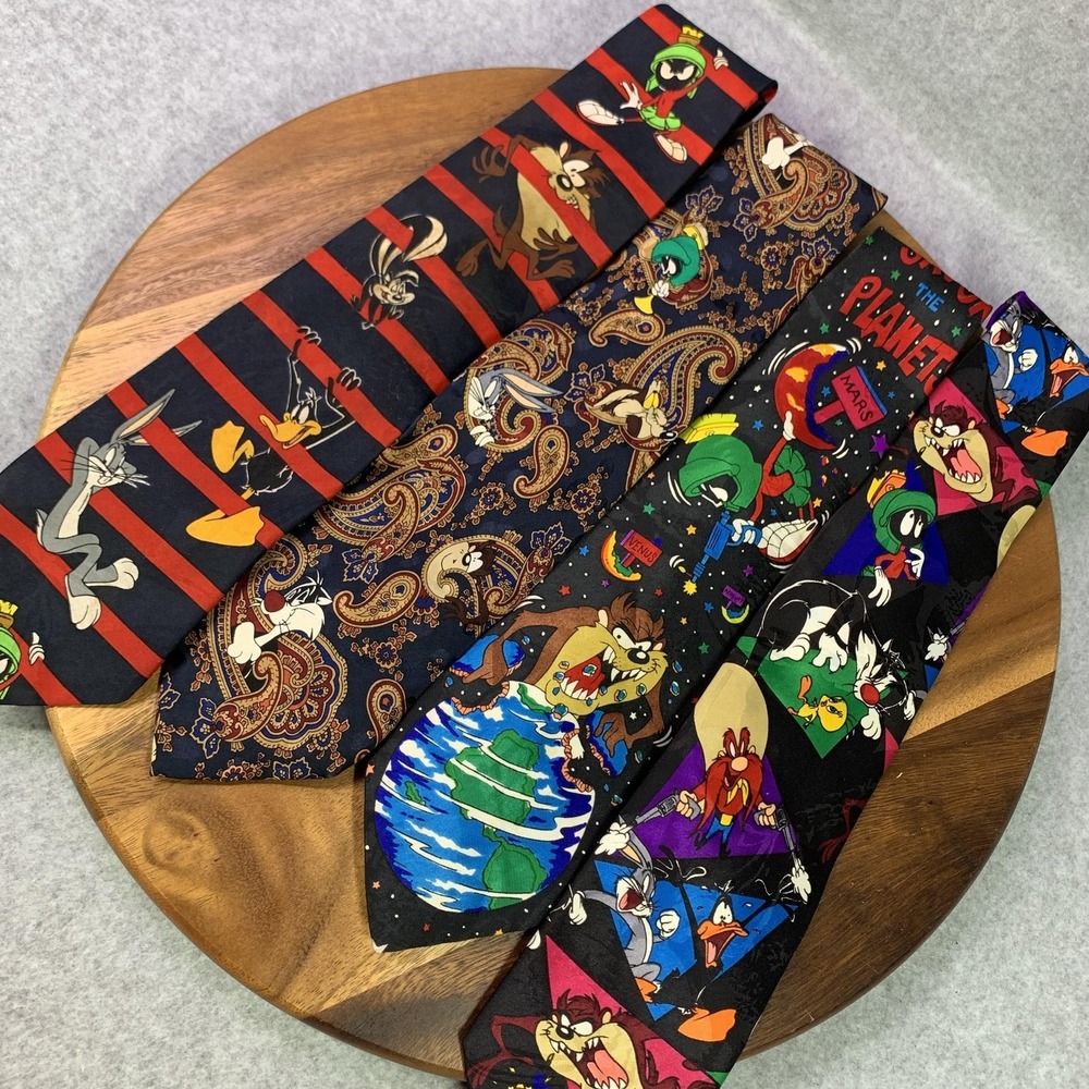 Vintage Looney Tunes Mania Tie Lot Men Set of 4 Marvin Martian Taz Bugs 90s Silk